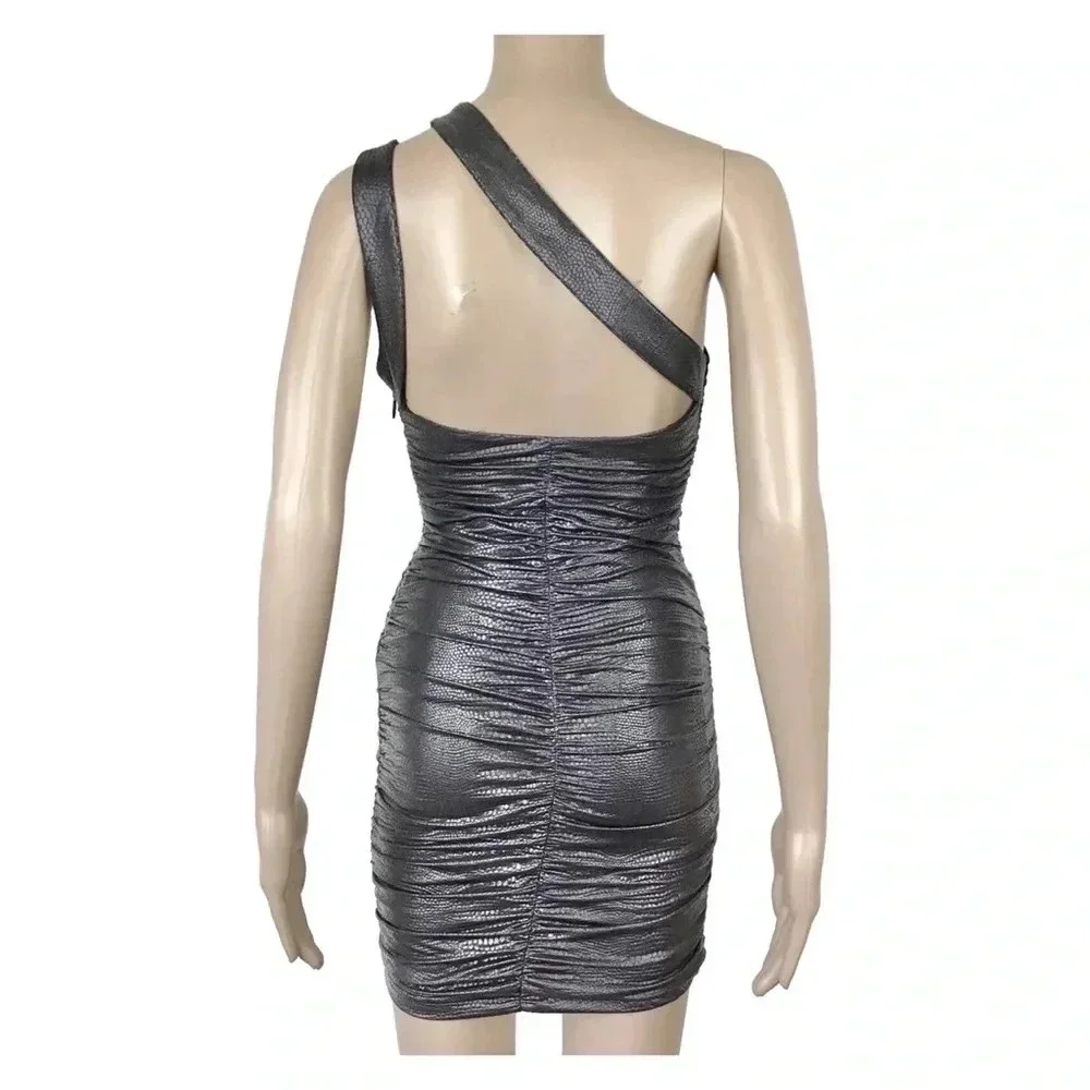 BEBE - Black Textured Cut Out Back Ruching One Shoulder Dress - Picture 3 of 8